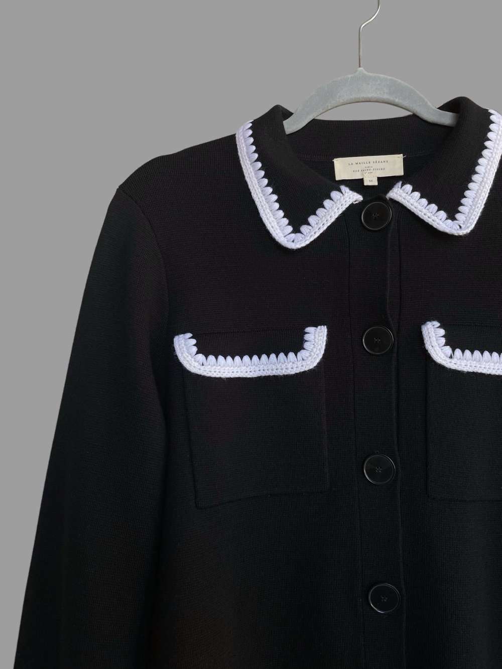 SEZANE Black Merino Wool Knit Collared Betty Cardigan w/ White Crochet Details - Picture 8 of 17